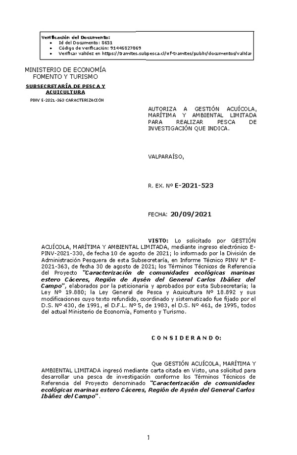 R. EX. Nº E-2021-523 Caracterización de comunidades ecológicas marinas estero Cáceres, Región de Aysén del General Carlos Ibáñez del Campo. (Publicado en Página Web 22-09-2021)