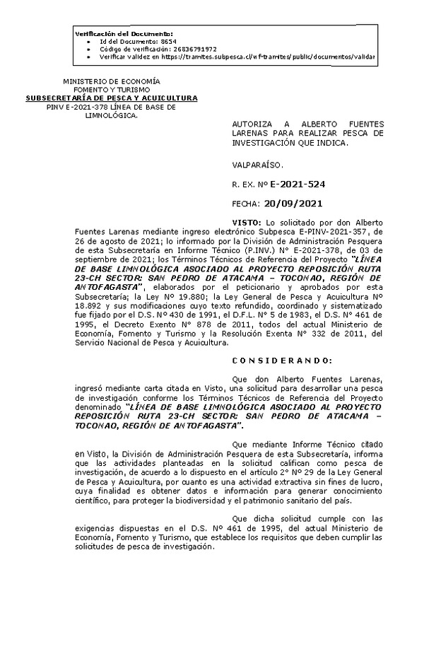 R. EX. Nº E-2021-524 LÍNEA DE BASE LIMNOLÓGICA ASOCIADO AL PROYECTO REPOSICIÓN RUTA 23-CH SECTOR: SAN PEDRO DE ATACAMA – TOCONAO, REGIÓN DE ANTOFAGASTA. (Publicado en Página Web 22-09-2021)