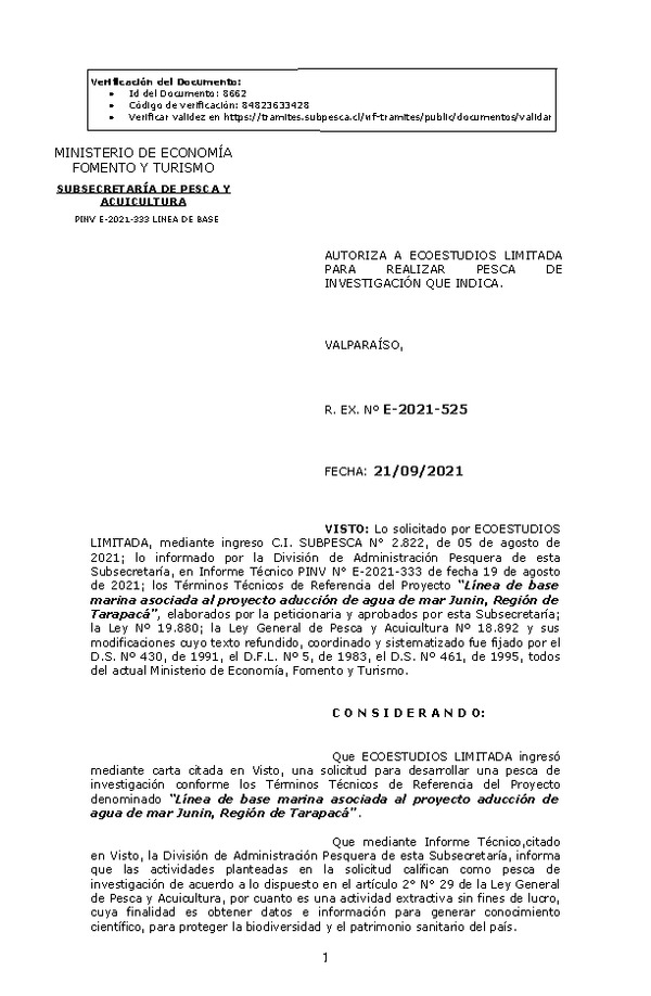 R. EX. Nº E-2021-525 Línea de base marina asociada al proyecto aducción de agua de mar Junin, Región de Tarapacá. (Publicado en Página Web 22-09-2021)