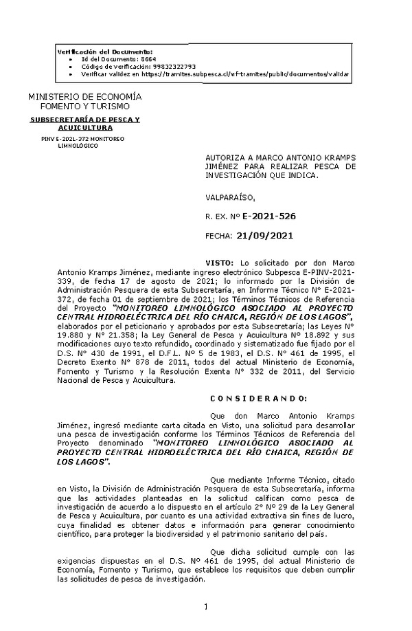 R. EX. Nº E-2021-526 MONITOREO LIMNOLÓGICO ASOCIADO AL PROYECTO CENTRAL HIDROELÉCTRICA DEL RÍO CHAICA, REGIÓN DE LOS LAGOS. (Publicado en Página Web 22-09-2021)