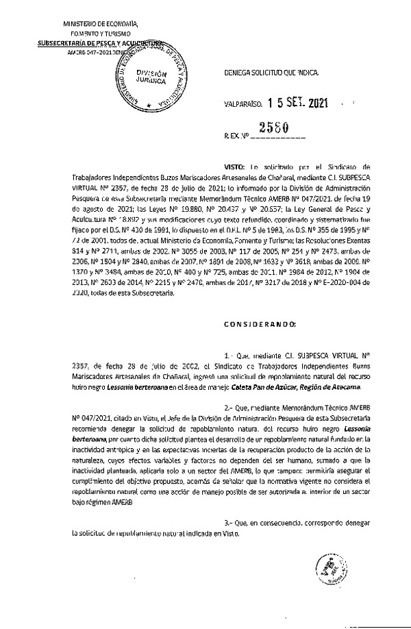 Res. Ex. N° 2580-2021 Deniega solicitud. (Publicado en Página Web 22-09-2021)