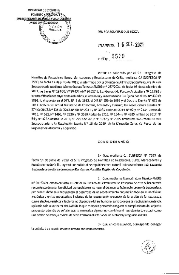 Res. Ex. N° 2579-2021 Deniega solicitud. (Publicado en Página Web 22-09-2021)