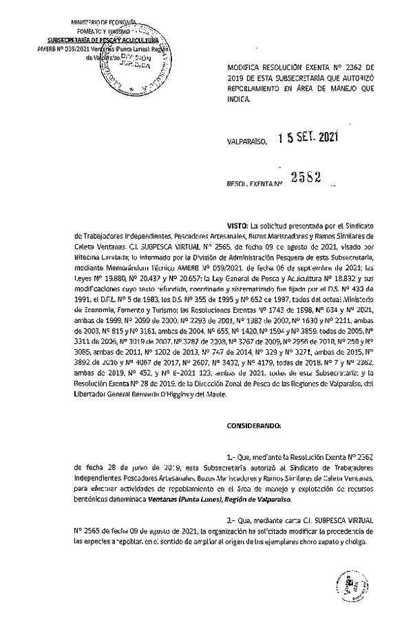 Res. Ex. N° 2582-2021 Modifica Res. Ex. N° 2362-2019. (Publicado en Página Web 22-09-2021)