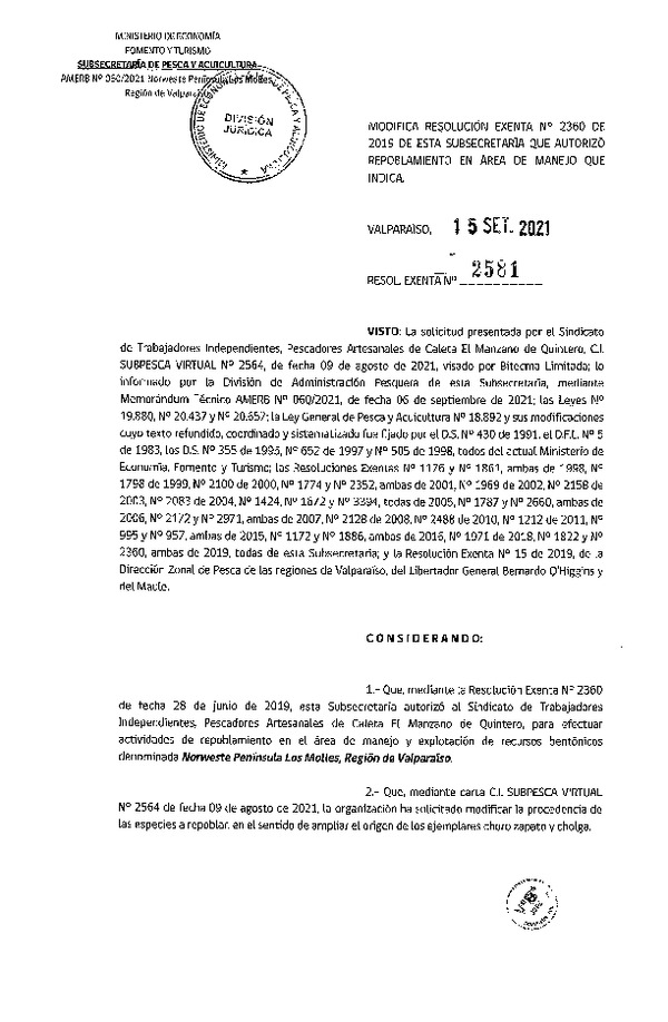 Res. Ex. N° 2581-2021 Modifica Res. Ex. N° 2360-2019. (Publicado en Página Web 22-09-2021)