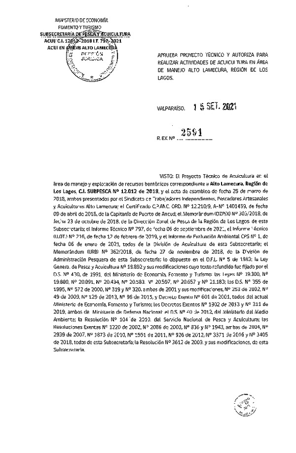 Res. Ex N° 2591-2021 Aprueba proyecto técnico y autoriza para realizar actividades de acuicultura en Área de manejo Alto Lamecura, Región de Los Lagos. (Publicado en Página Web 22-09-2021)