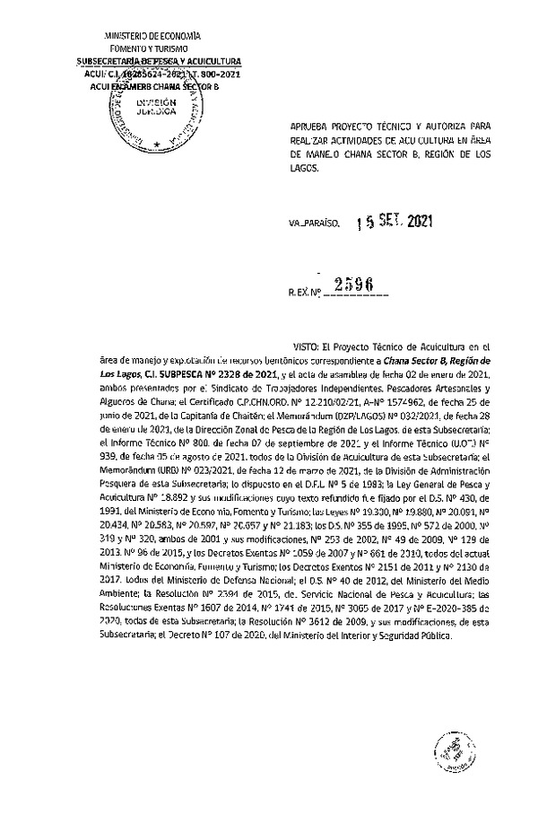 Res. Ex N° 2596-2021 Aprueba proyecto técnico y autoriza para realizar actividades de acuicultura en Área de manejo Chana Sector B, Región de Los Lagos. (Publicado en Página Web 22-09-2021)