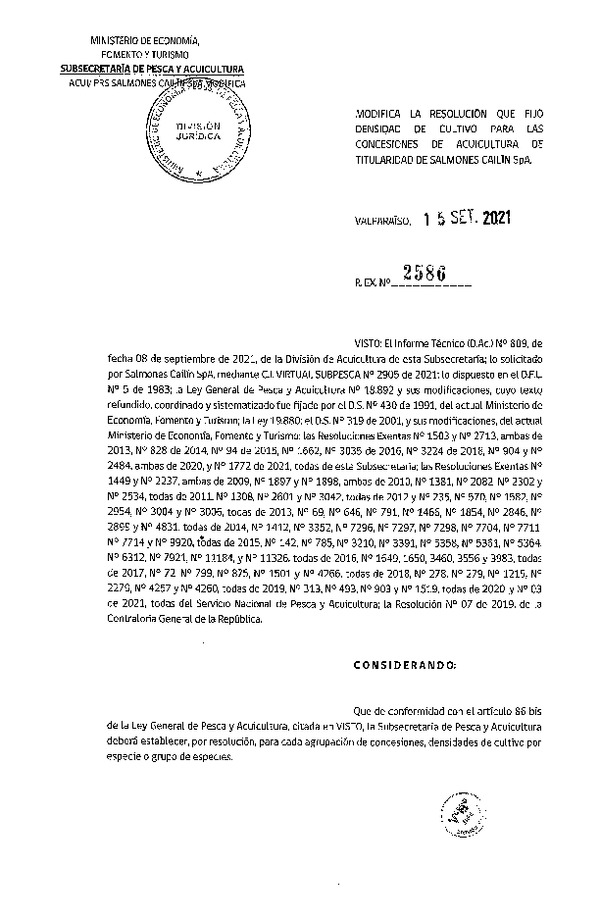 Res. Ex. N° 2586-2021 Modifica Res. Ex. N° 1772-2021 Fija densidad de cultivo para concesiones de acuicultura de Salmones Cailín SpA (Publicado en Página Web 22-09-2021)