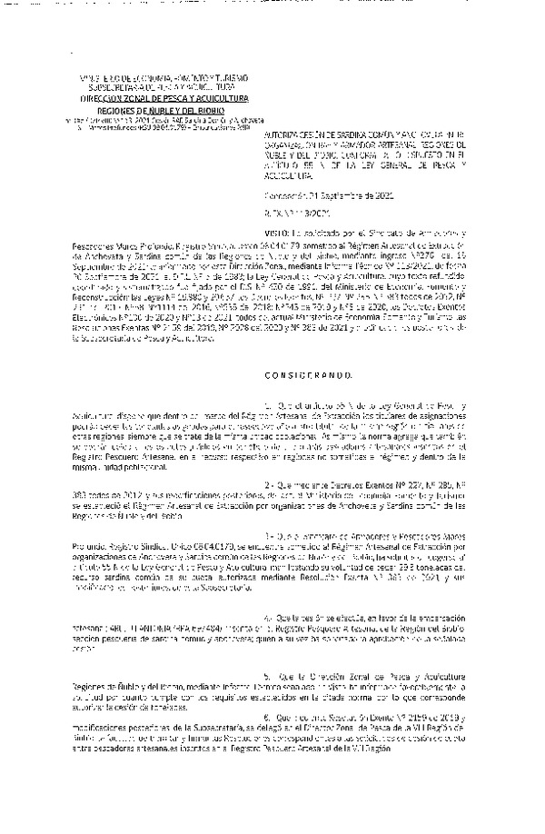 Res. Ex. N° 113-2021 (DZP Ñuble y del Biobío) Autoriza cesión Sardina Común y Anchoveta Región de Ñuble-Biobío (Publicado en Página Web 22-09-2021)