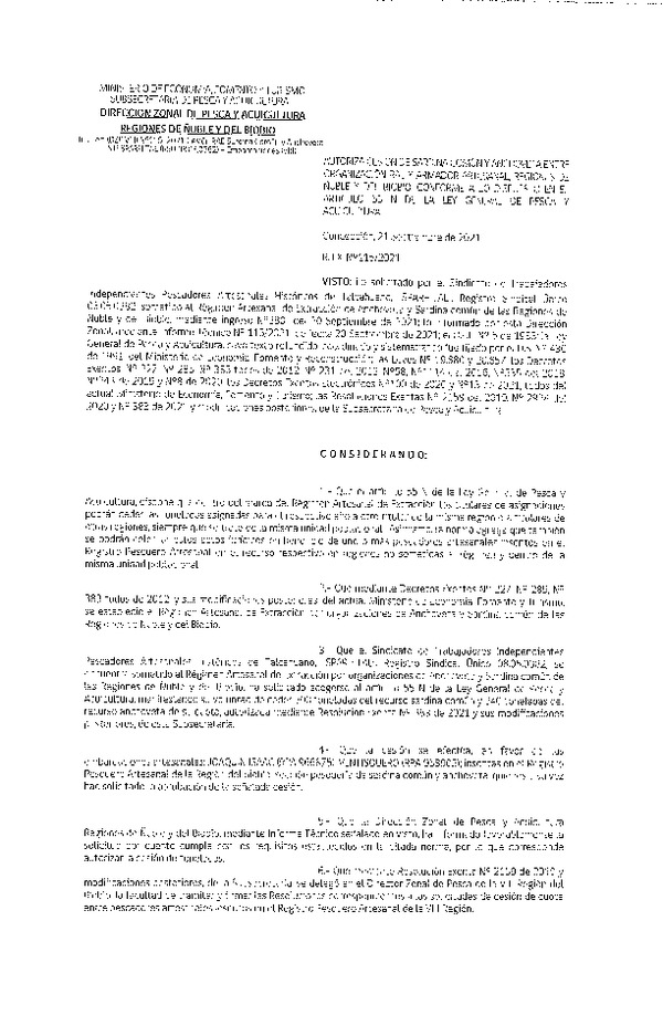 Res. Ex. N° 115-2021 (DZP Ñuble y del Biobío) Autoriza cesión Sardina Común y Anchoveta Región de Ñuble-Biobío (Publicado en Página Web 22-09-2021)