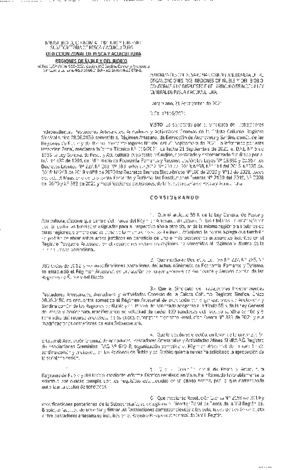 Res. Ex. N° 116-2021 (DZP Ñuble y del Biobío) Autoriza cesión Sardina Común y Anchoveta Región de Ñuble-Biobío (Publicado en Página Web 22-09-2021)