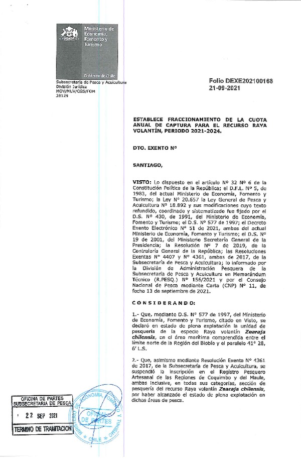 Dec. Ex. Folio N° 202100168 Establece Fraccionamiento de la Cuota Anual de Captura para el Recurso Raya Volantín, Período 2021-2024. (Publicado en Página Web 22-09-2021)