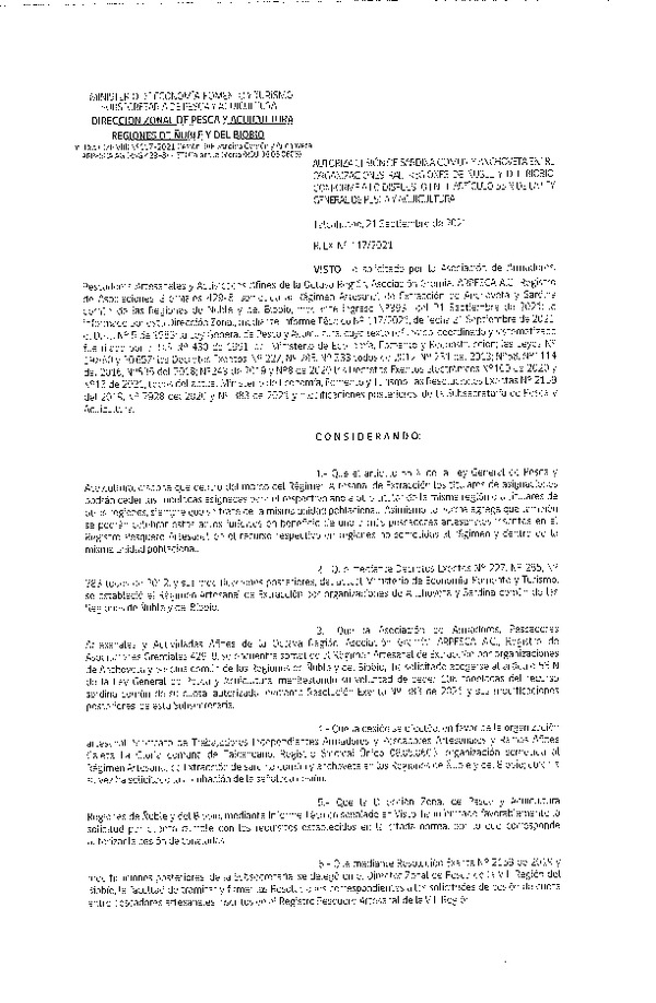 Res. Ex. N° 117-2021 (DZP Ñuble y del Biobío) Autoriza cesión Sardina Común y Anchoveta Región de Ñuble-Biobío (Publicado en Página Web 22-09-2021)