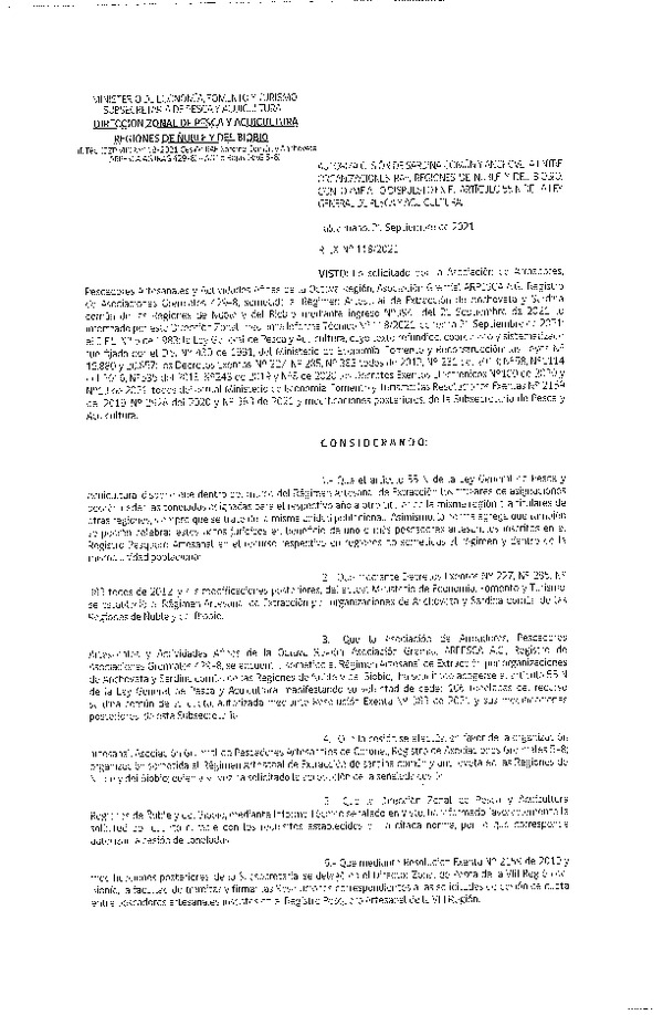 Res. Ex. N° 118-2021 (DZP Ñuble y del Biobío) Autoriza cesión Sardina Común y Anchoveta Región de Ñuble-Biobío (Publicado en Página Web 22-09-2021)