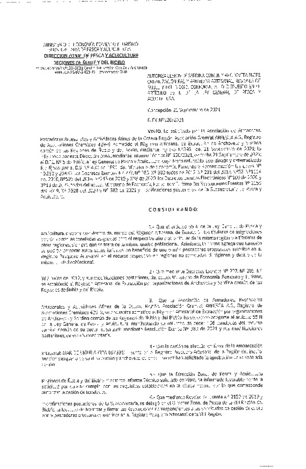 Res. Ex. N° 120-2021 (DZP Ñuble y del Biobío) Autoriza cesión Sardina Común y Anchoveta Región de Ñuble-Biobío (Publicado en Página Web 22-09-2021)