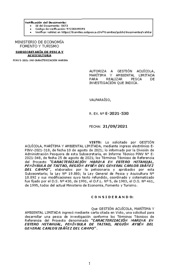 R. EX. Nº E-2021-530 CARACTERIZACIÓN MARINA EN ESTERO MITAHUAL, PENÍNSULA DE TAITAO, REGIÓN AYSÉN DEL GENERAL CARLOS IBÁÑEZ DEL CAMPO. (Publicado en Página Web 23-09-2021)