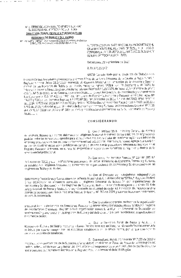Res. Ex. N° 121-2021 (DZP Ñuble y del Biobío) Autoriza cesión Sardina Común y Anchoveta Región de Ñuble-Biobío (Publicado en Página Web 23-09-2021)