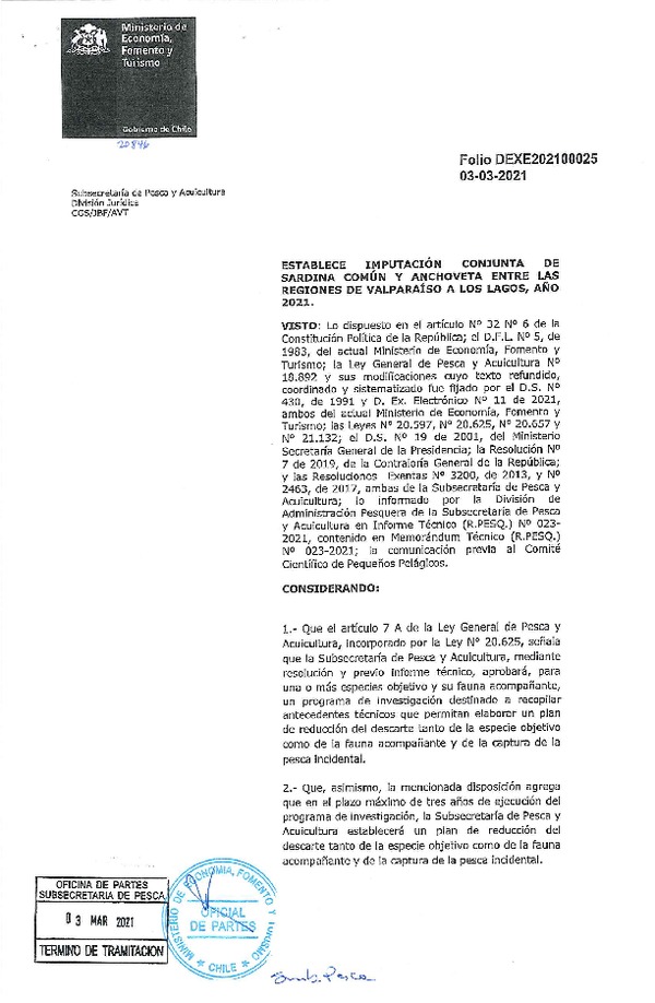 Dec. Ex. Folio 202100025 Establece imputación conjunta de Sardina común y anchoveta entre las Regiones de Valparaíso a Los Lagos, año 2021. (Publicado en Página Web 04-03-2021)
