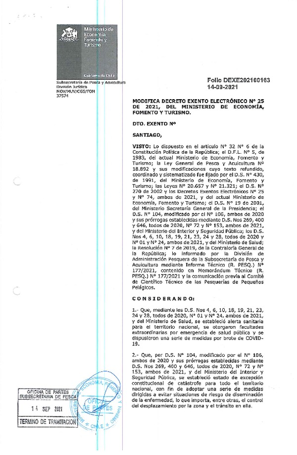 Dec. Ex. Folio 202100163 Modifica Dec. Ex. Folio 202100025 Establece imputación conjunta de Sardina común y anchoveta entre las Regiones de Valparaíso a Los Lagos, año 2021. (Publicado en Página Web 24-09-2021) (F.D.O. 24-03-2021)