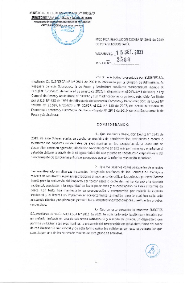 Res. Ex. N° 2569-2021 Modifica Res. Ex. N° 2941-2019 Establece Medidas de Administración para Reducir las Capturas Incidentales de Aves Marinas en las Pesquerías de Arrastre que Indican. (Publicado en Página Web 24-09-2021)