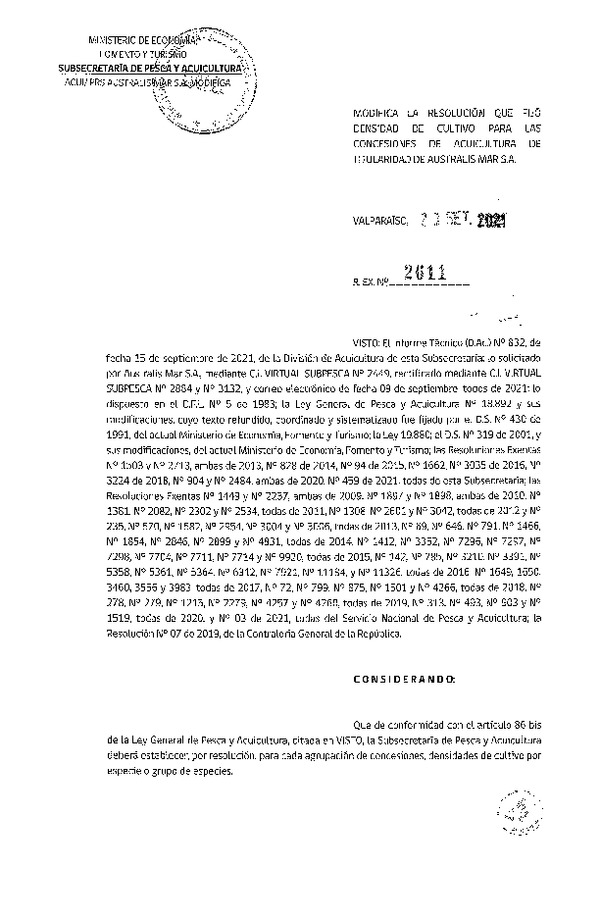 Res. Ex. N° 2611-2021 Modifica Res. Ex N° 459-2021 Fija densidad de cultivo para las concesiones de acuicultura de titularidad de Australis Mar S.A. (Con Informe Técnico) (Publicado en Página Web 24-09-2021).