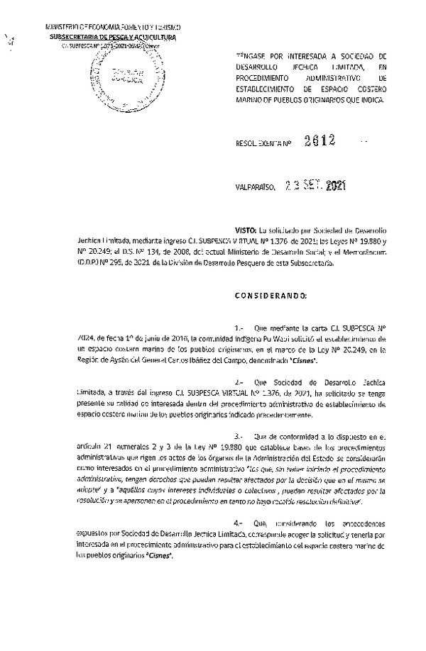Res. Ex. N° 2612-2021 Tiene por interesada a Sociedad de Desarrollo Jechica Limitada en Procedimiento Administrativo de Establecimiento de ECMPO Cisnes. (Publicado en Página Web 24-09-2021)