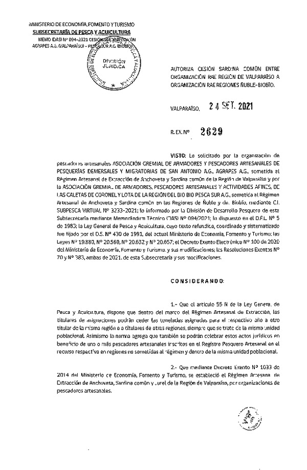 Res Ex N° 2629-2021, Autoriza cesión de pesquería Sardina Común, Regiones de Valparaíso a Biobío. (Publicado en Página Web 24-09-2021).