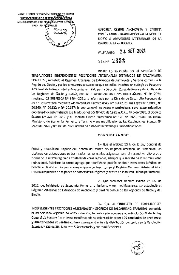 Res Ex N° 2633-2021, Autoriza cesión de pesquería Anchoveta y Sardina Común, Regiones del Biobío a La Araucanía. (Publicado en Página Web 24-09-2021).