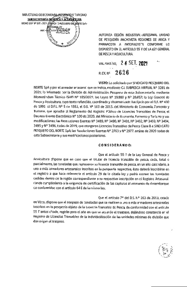 Res. Ex. N° 2626-2021 Autoriza Cesión unidad de pesquería Anchoveta, Regiones de Arica y Parinacota a Región de Antofagasta. (Publicado en Página Web 24-09-2021)