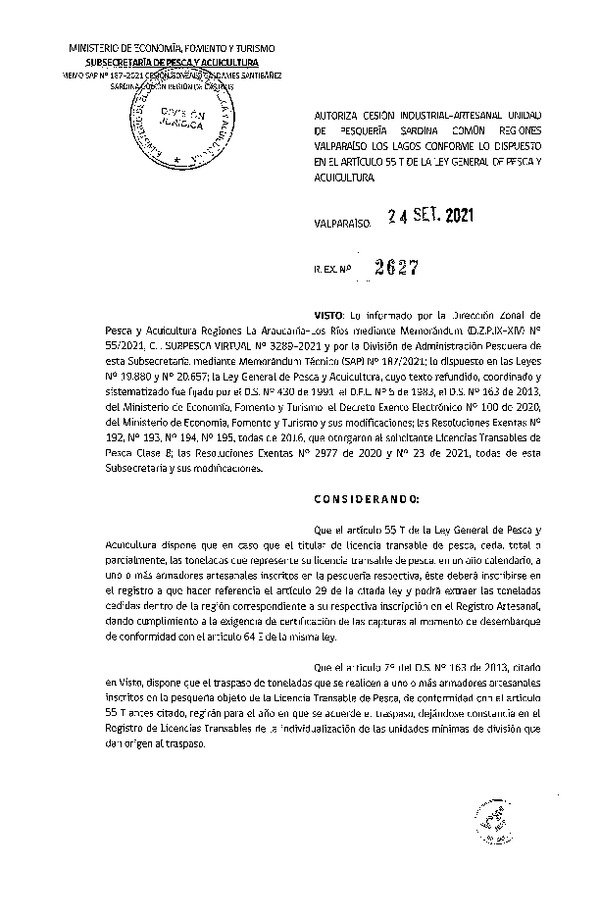 Res. Ex. N° 2627-2021 Autoriza Cesión unidad de pesquería Sardina común, Regiones Valparaíso a Los Lagos. (Publicado en Página Web 24-09-2021)