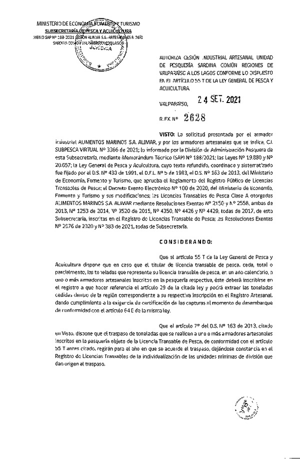 Res. Ex. N° 2628-2021 Autoriza Cesión unidad de pesquería Sardina común, Regiones Valparaíso a Los Lagos. (Publicado en Página Web 24-09-2021)
