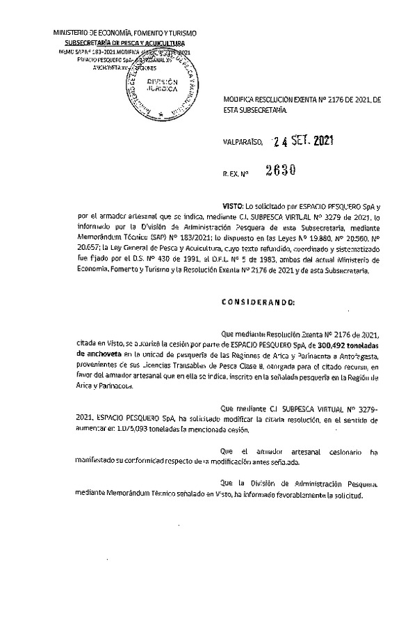 Res. Ex. N° 2630-2021 Modifica Res. Ex. N° 2176-2021 Autoriza Cesión Anchoveta, Regiones de Arica y Parinacota a Región de Antofagasta. (Publicado en Página Web 24-09-2021)