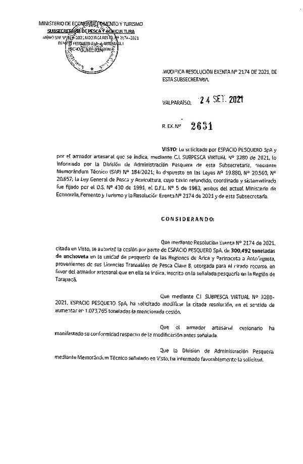 Res. Ex. N° 2631-2021 Modifica Res. Ex. N° 2174-2021 Autoriza Cesión Anchoveta, Regiones de Arica y Parinacota a Región de Antofagasta. (Publicado en Página Web 24-09-2021)