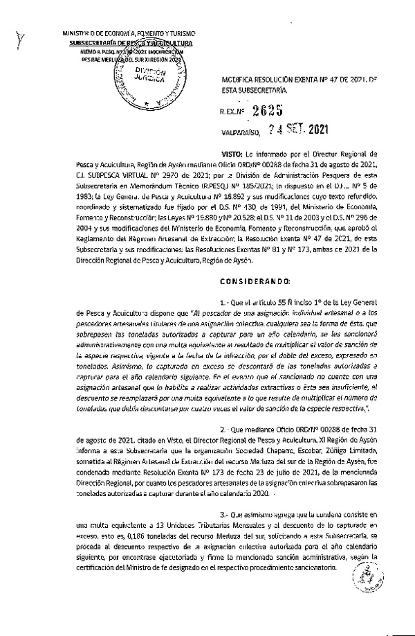 Res. Ex. N° 2625-2021 Modifica Res. Ex. N° 47-2021 Distribución de la Fracción Artesanal de Pesquería de Merluza del Sur por Organizaciones, Región de Aysén, Año 2021. (Publicado en Página Web 27-09-2021)