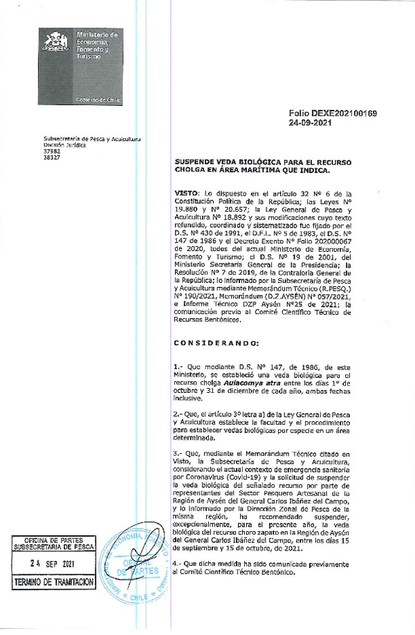 Dec. Ex. Folio 202100169 Suspende Veda Biológica para el Recurso Cholga, Región de Aysén del General Carlos Ibañéz del Campo. (Publicado en Página Web 27-09-2021)