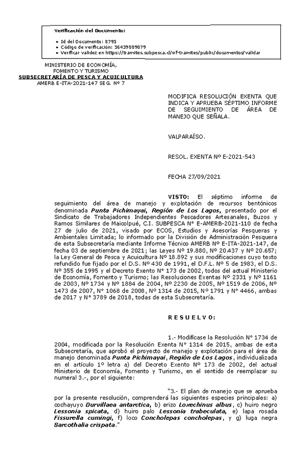 RESOL. EXENTA Nº E-2021-543 Modifica resolución de que indica, Aprueba 7° seguimiento. (Publicado en Página Web 28-09-2021)