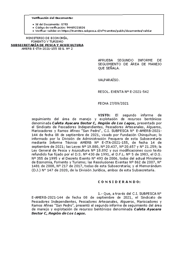 RESOL. EXENTA Nº E-2021-542 Aprueba 2° seguimiento. (Publicado en Página Web 28-09-2021)