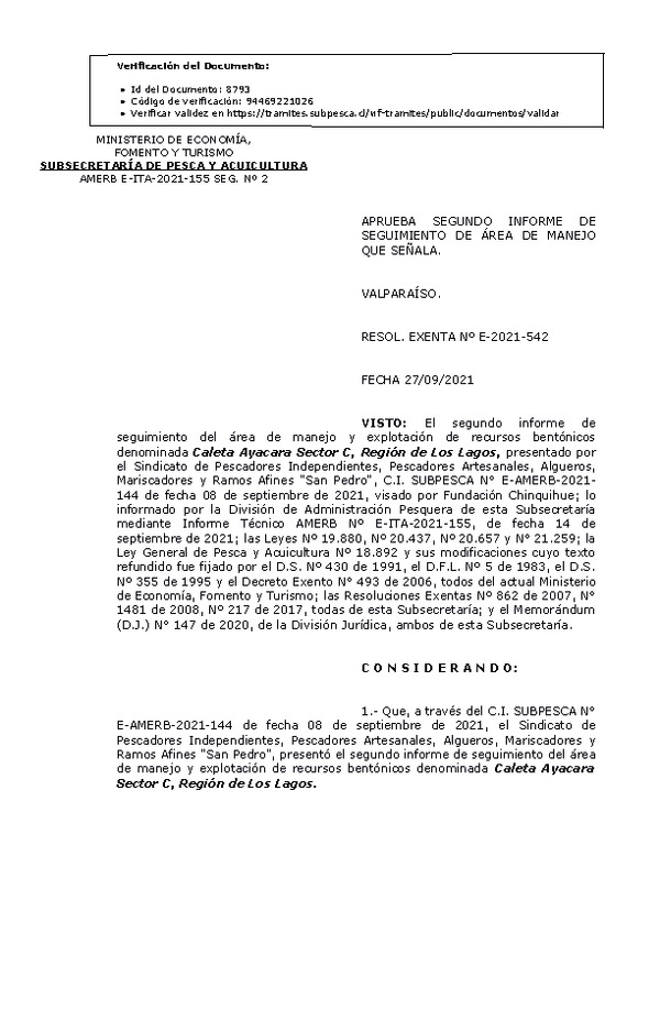 RESOL. EXENTA Nº E-2021-542 Aprueba 2° seguimiento. (Publicado en Página Web 28-09-2021)