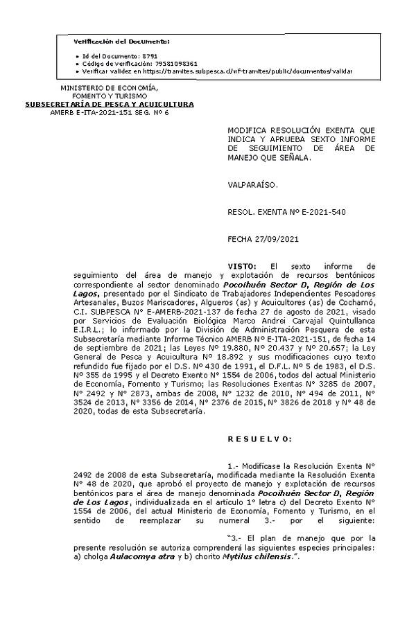 RESOL. EXENTA Nº E-2021-540 Modifica resolución que indica, Aprueba 6° seguimiento. (Publicado en Página Web 28-09-2021)