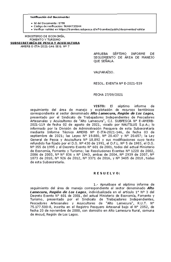 RESOL. EXENTA Nº E-2021-539 Aprueba 7° seguimiento. (Publicado en Página Web 28-09-2021)