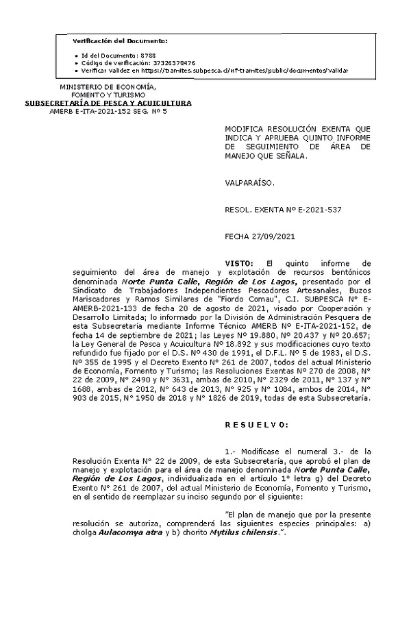 RESOL. EXENTA Nº E-2021-537 Modifica resolución que indica, Aprueba 5° seguimiento. (Publicado en Página Web 28-09-2021)