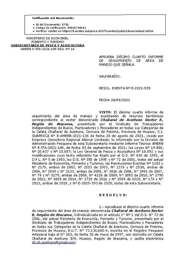 RESOL. EXENTA Nº E-2021-535 Aprueba 14° seguimiento. (Publicado en Página Web 28-09-2021)