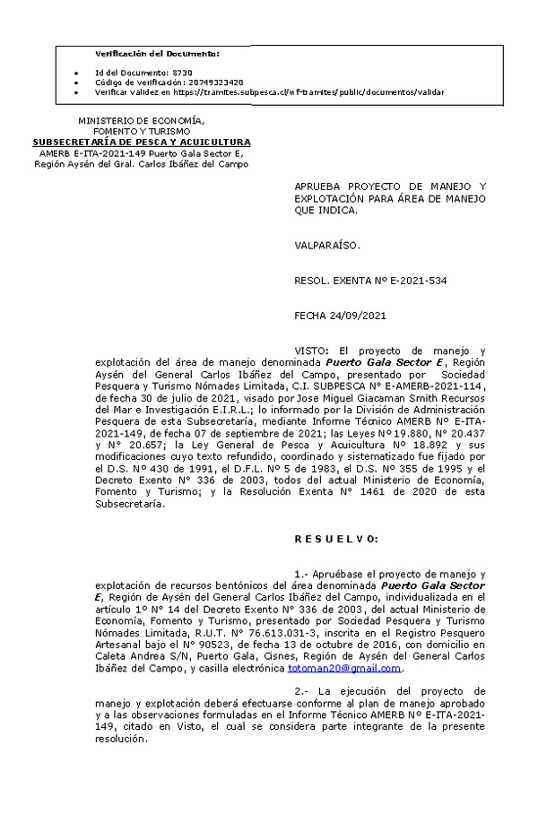 RESOL. EXENTA Nº E-2021-534 Aprueba Plan de manejo. (Publicado en Página Web 28-09-2021)