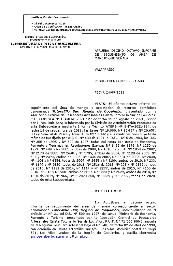 RESOL. EXENTA Nº E-2021-533 Aprueba 18° seguimiento . (Publicado en Página Web 28-09-2021)