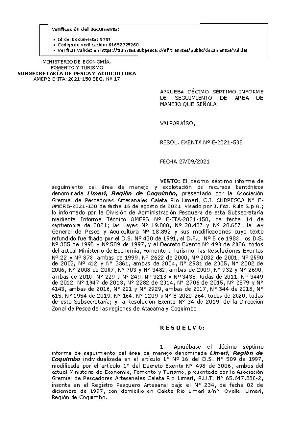 RESOL. EXENTA Nº E-2021-538 Aprueba 17° seguimiento . (Publicado en Página Web 28-09-2021)