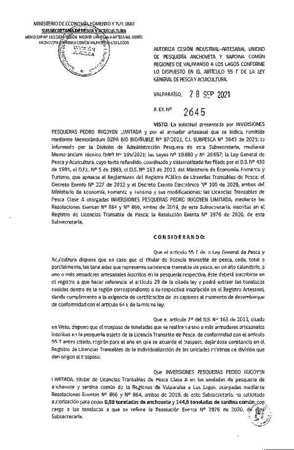 Res. Ex. N° 2645-2021 Autoriza Cesión unidad de pesquería Anchoveta y Sardina común, Regiones Valparaíso a Los Lagos. (Publicado en Página Web 29-09-2021)