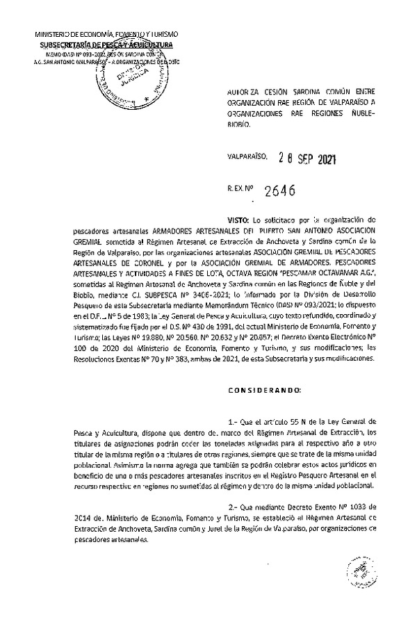 Res Ex N° 2646-2021, Autoriza cesión de pesquería Sardina Común, Regiones de Valparaíso a Biobío. (Publicado en Página Web 29-09-2021).