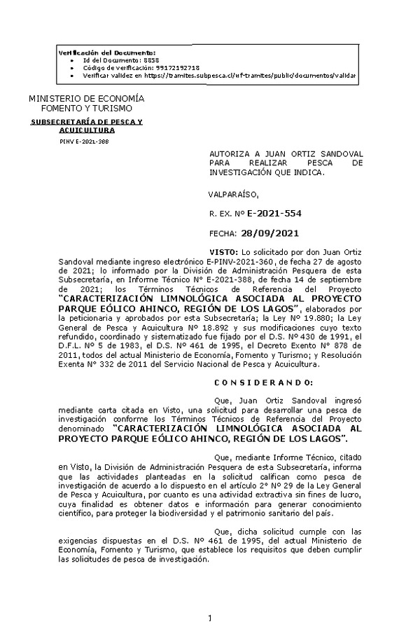 R. EX. Nº E-2021-554 CARACTERIZACIÓN LIMNOLÓGICA ASOCIADA AL PROYECTO PARQUE EÓLICO AHINCO, REGIÓN DE LOS LAGOS. (Publicado en Página Web 29-09-2021)