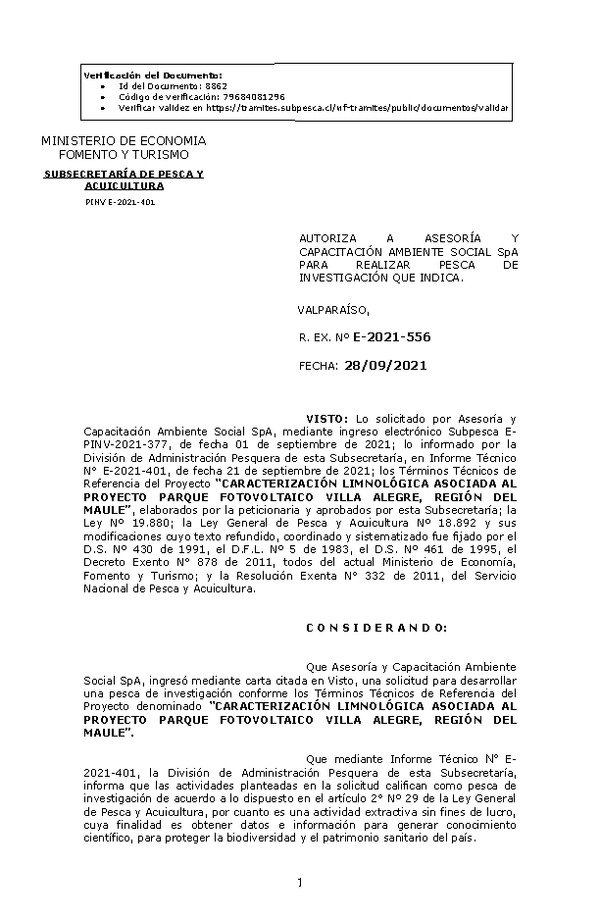 R. EX. Nº E-2021-556 CARACTERIZACIÓN LIMNOLÓGICA ASOCIADA AL PROYECTO PARQUE FOTOVOLTAICO VILLA ALEGRE, REGIÓN DEL MAULE. (Publicado en Página Web 29-09-2021)