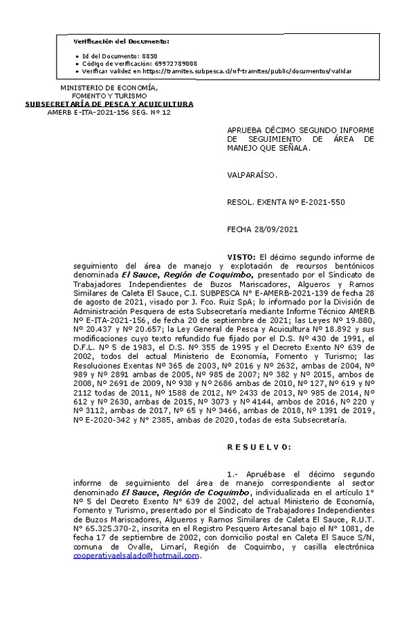 RESOL. EXENTA Nº E-2021-550 Aprueba 12° Seguimiento. (Publicado en Página Web 29-09-2021)