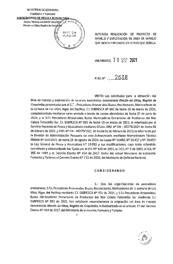 Res. Ex. N° 2638-2021 Autoriza Proyecto de manejo. (Publicado en Página Web 29-09-2021)